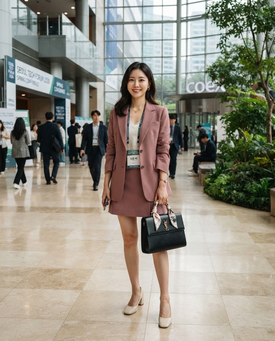 SKIPIKS AI fashion editorial — business_casual, chic, feminine — Complete an elegant yet fresh business look with a sophisticated pink blazer and