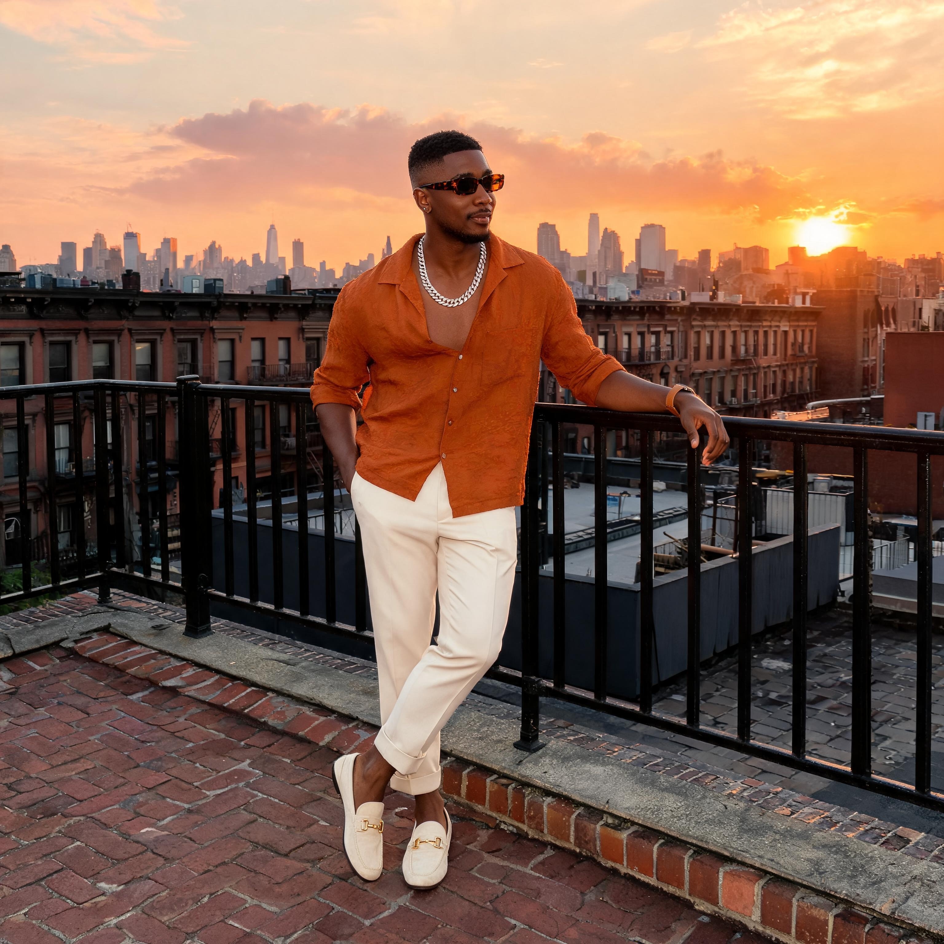 SKIPIKS AIファッション写真 — casual, urban — オレンジのシャツとベージュのパンツの組み合わせが、夏の夕方に温かい雰囲気を演出します。サングラスとシルバーのネックレスで洗練されたポイントを加え、都会的なムード