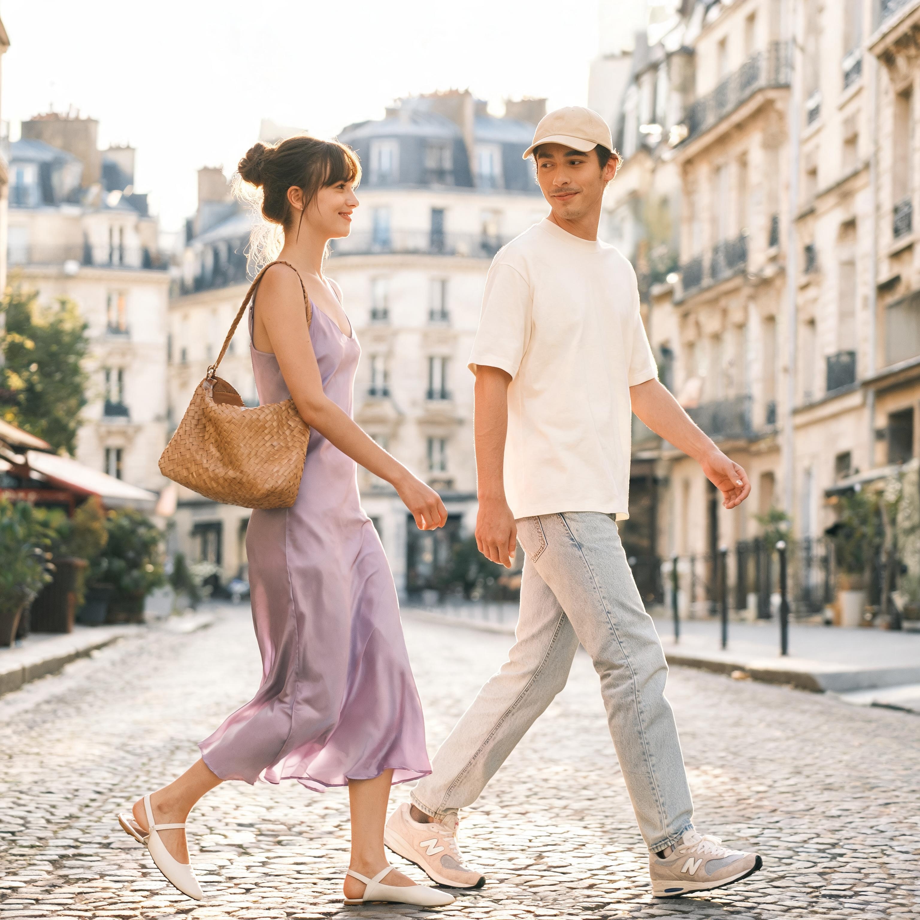SKIPIKS AI 패션 화보 — romantic, casual, minimalist — 보라색 슬립 드레스가 불어오는 여름 바람과 함께 우아하게 흔들립니다. 라탄 백과 슬링백 샌들로 편안하지만 세련된 느낌을 더해보세요. 데이트나 도