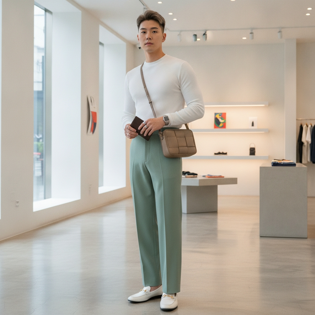 SKIPIKS AIファッション写真 — minimalist, modern — ホワイトニットトップとミントスラックスの組み合わせは、クリーンで洗練されたモダンルックを完成させます。ベージュのクロスボディバッグとシルバーの時計を加えて、ミニ