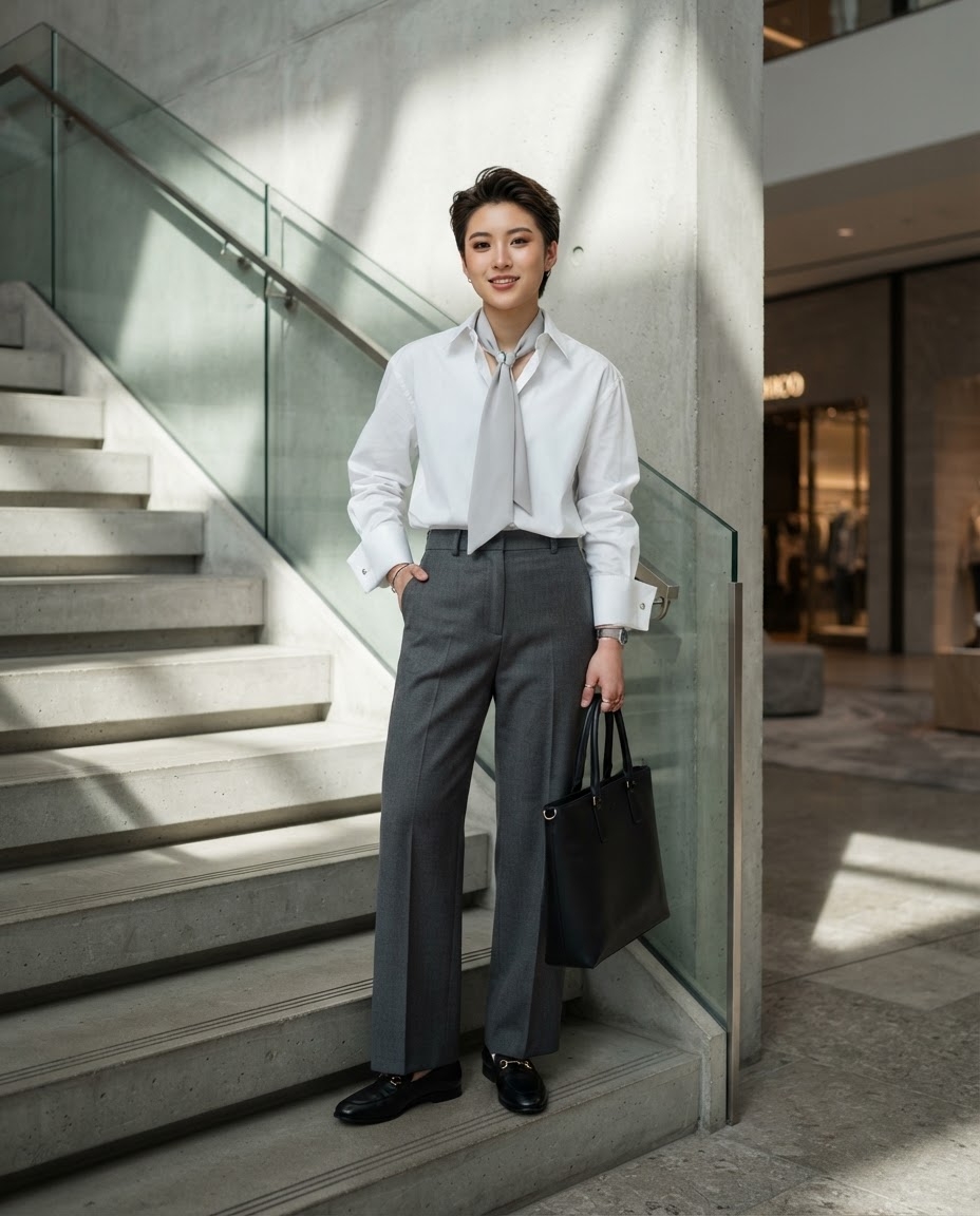SKIPIKS AIファッション写真 — minimalist, chic — クラシックなホワイトシャツとグレーのスラックスの組み合わせがシックなビジネスムードを醸し出します。タイスカーフとローファーで洗練されたポイントを加えてみてくださ