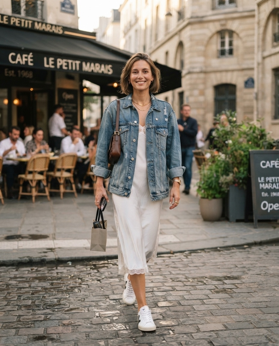 SKIPIKS AI 패션 화보 — feminine, casual, chic — 청량한 데님 자켓과 화이트 슬립 드레스의 조화가 눈길을 끄는 여성스러운 스타일이에요. 데님 색상과 맞춰 화이트 스니커즈를 선택해 캐주얼한 무드를