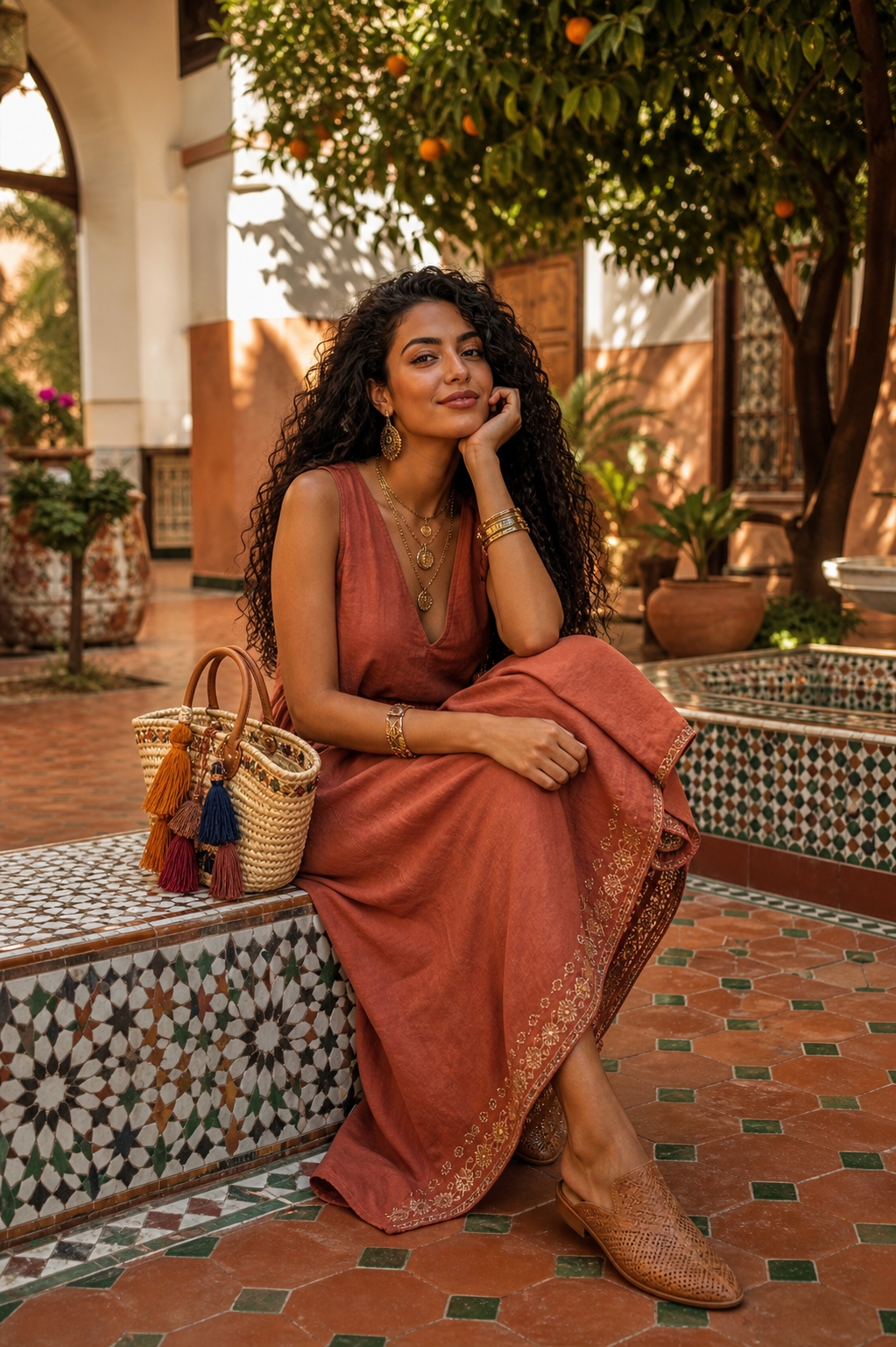 SKIPIKS AIファッション写真 — bohemian, vintage, feminine — 温かい夏の日差しの下、テラコッタ色のロングドレスがヴィンテージでありながらボヘミアンな雰囲気を醸し出します。ラタンバッグとゴールドアクセサリーでスタイルに華やか