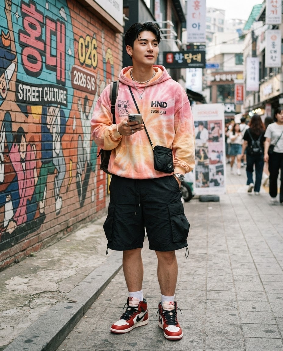 SKIPIKS AI时尚大片 — streetwear, casual, colorful — 这款街头时尚以扎染卫衣营造出色彩缤纷的氛围。搭配 cargo 短裤和高帮运动鞋，增添休闲而活跃的感觉。非常适合与朋友外出时穿着的舒适风格。