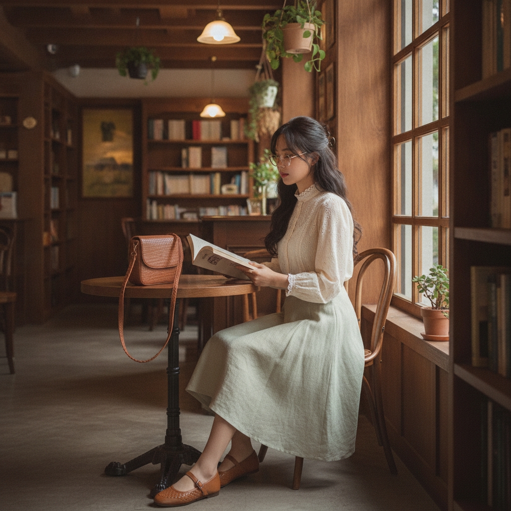 SKIPIKS AI 패션 화보 — romantic, vintage — 부드러운 베이지 레이스 블라우스와 라이트 그린 롱 스커트가 우아하면서도 낭만적인 무드를 완성합니다. 이 룩은 브라운 계열의 플랫 슈즈로 마무리 