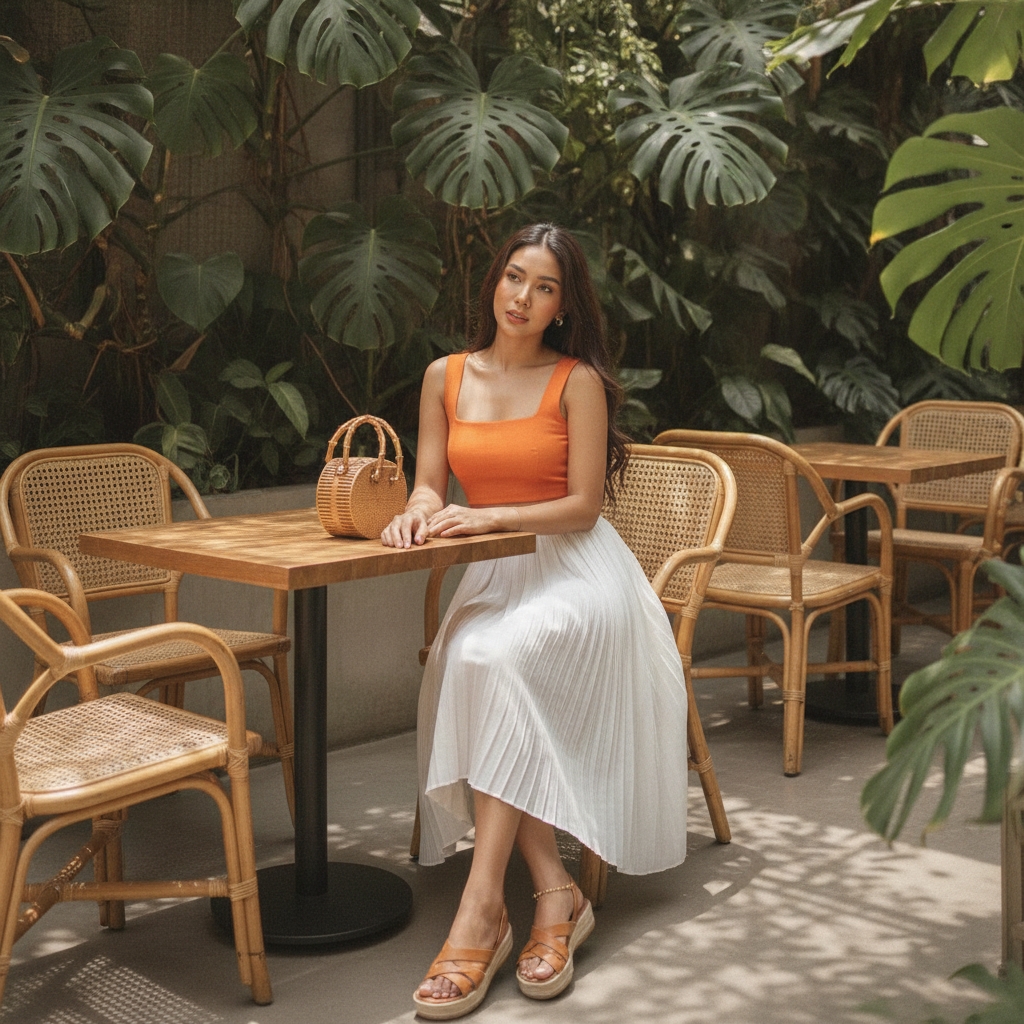 SKIPIKS AI 패션 화보 — feminine, resort, boho — 오렌지 탱크탑과 화이트 플리츠 스커트가 시원하고 청량한 감성을 자아냅니다. 라탄 핸드백과 브라운 샌들을 매치해 휴양지 느낌을 더해보세요. 여름날