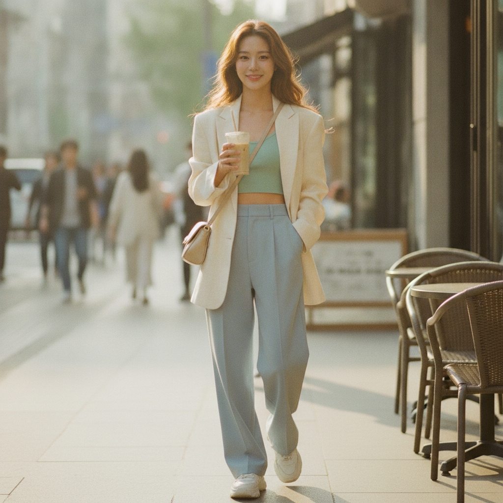 SKIPIKS AI时尚大片 — chic, streetwear — 奶油色西装外套与薄荷色短款上衣的搭配，营造出适合春日的清新造型。蓝色休闲裤既舒适又展现出优雅的轮廓，而米色单肩包则增添了柔和的点缀。这种风格推荐用于日常穿搭或与