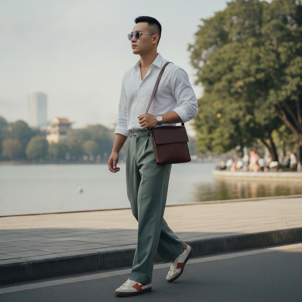 SKIPIKS AI时尚大片 — modern, casual — 用白衬衫和绿色长裤的搭配营造出优雅的氛围。搭配轻便的包和运动鞋，完成实用的风格，适合过渡季节。这一造型非常适合日常通勤或城市漫步。