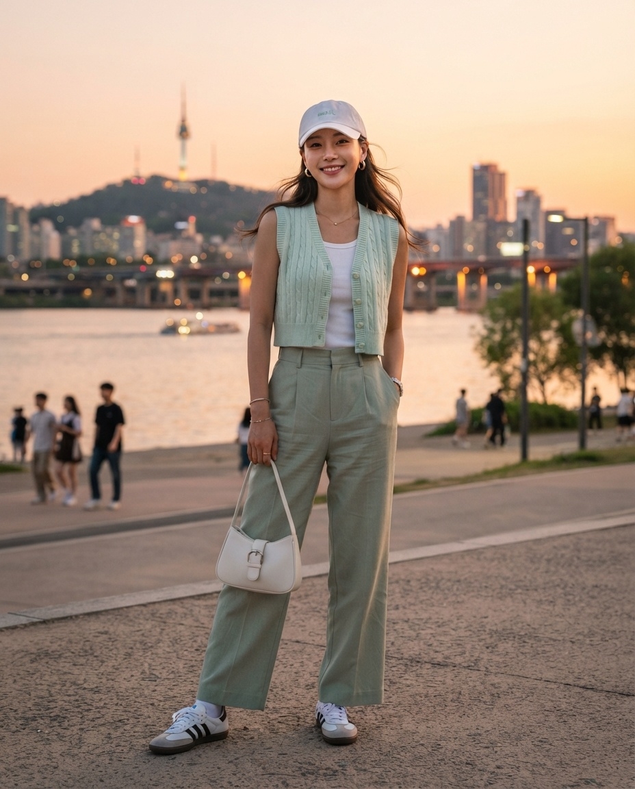 SKIPIKS AIファッション写真 — casual, minimalist — ミント色のベストとスラックスで爽やかなカジュアルルックを演出します。白のタンクトップとシンプルなバッグを合わせて、夏の涼しさを演出しましょう。キャンパスや日常の