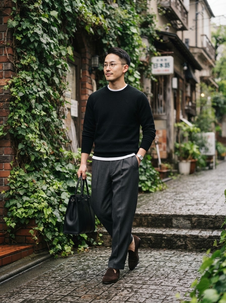SKIPIKS AI 패션 화보 — minimalist, streetwear — 블랙 스웨터와 그레이 슬랙스로 모던하면서도 세련된 룩을 연출했어요. 트렌디한 안경과 깔끔한 토트백으로 스타일의 포인트를 주었으며, 실버 시계가 