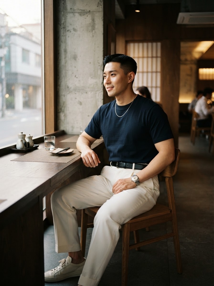 SKIPIKS AI 패션 화보 — minimalist, casual — 네이비 티셔츠와 크림색 슬랙스의 조합이 깔끔하면서도 세련된 무드를 연출해보세요. 실버 액세서리로 포인트를 더해 단정하면서도 멋진 스타일링이 완성