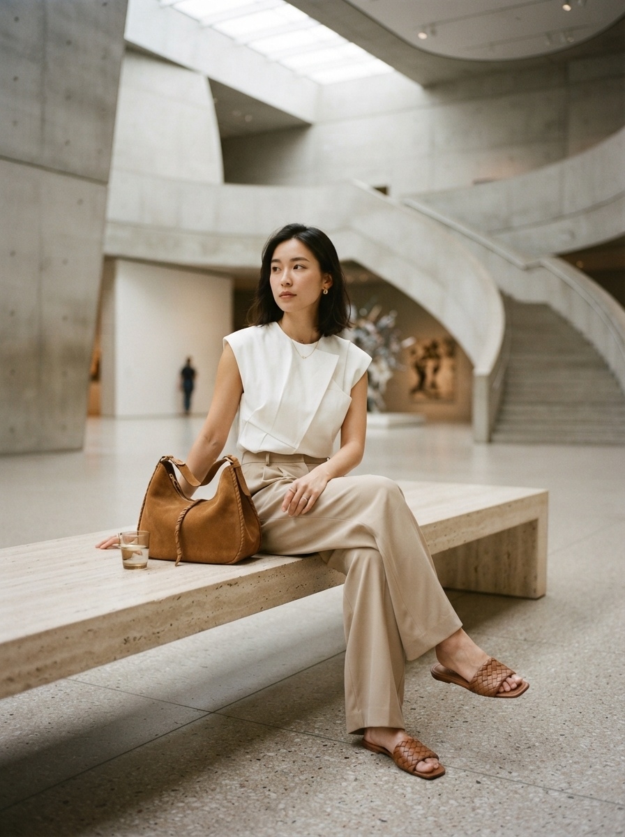 SKIPIKS AI fashion editorial — minimalist, chic, elegant — This summer look combines a light beige tone with a white blouse for added elega