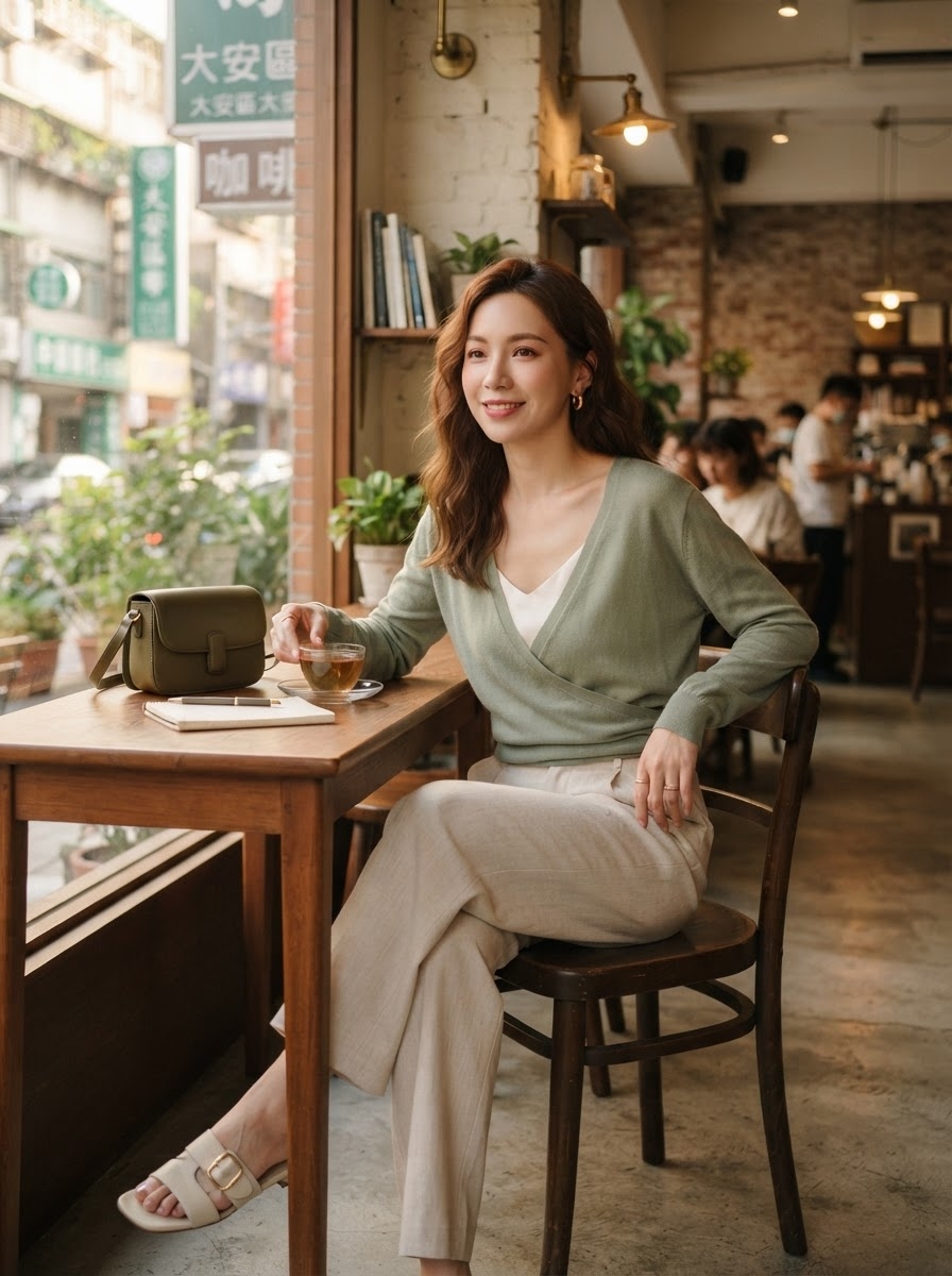 SKIPIKS AI 패션 화보 — minimalist, chic — 포근한 연두색 니트 가디건과 베이지 팬츠가 어우러져 부드러운 가을 무드를 완성합니다. 여기에 카키색 숄더백으로 세련된 포인트를 주어 도시적인 감