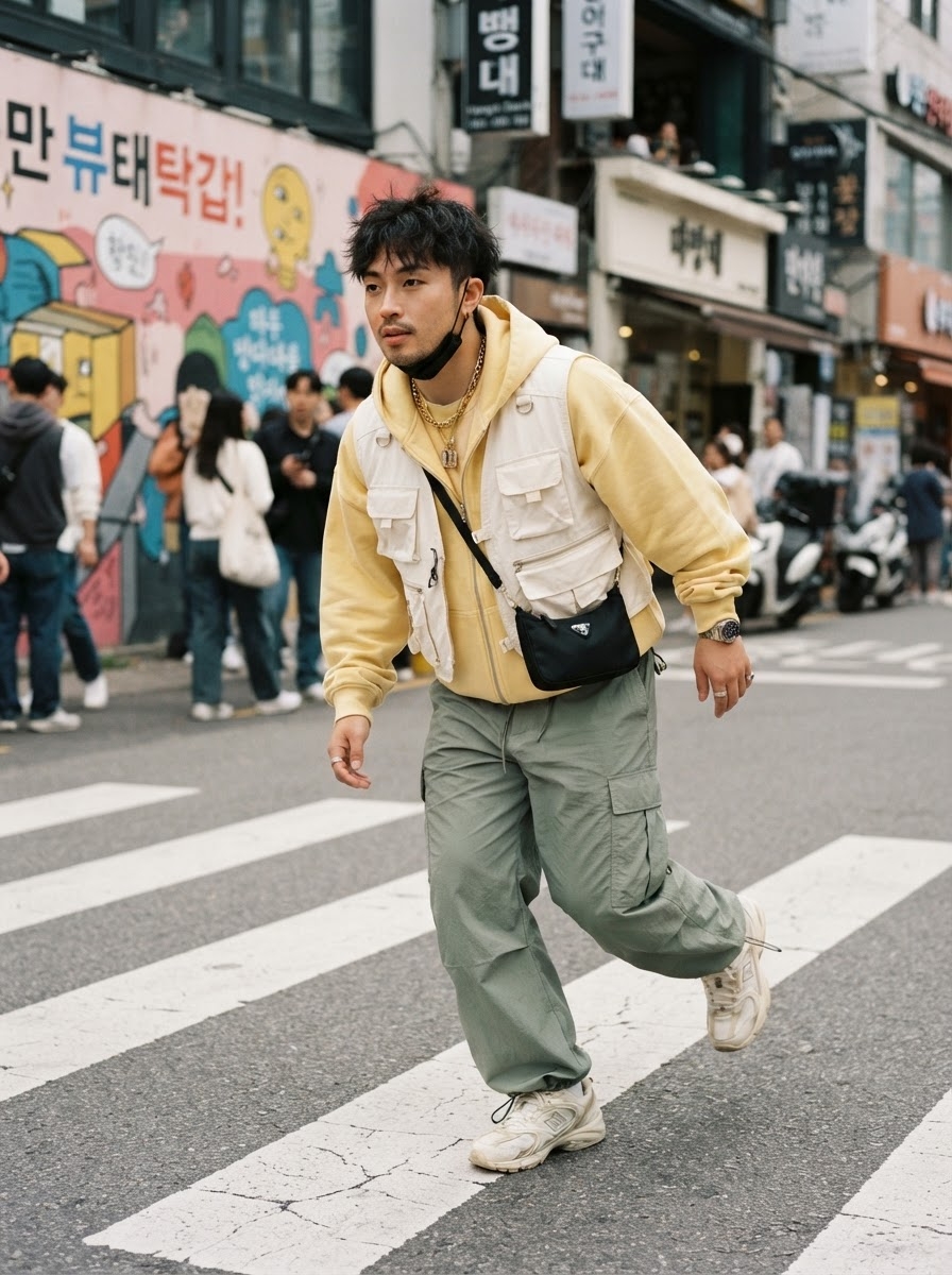 SKIPIKS AI fashion editorial — streetwear, casual — The ivory vest and yellow hoodie create a comfortable yet stylish impression. Pa
