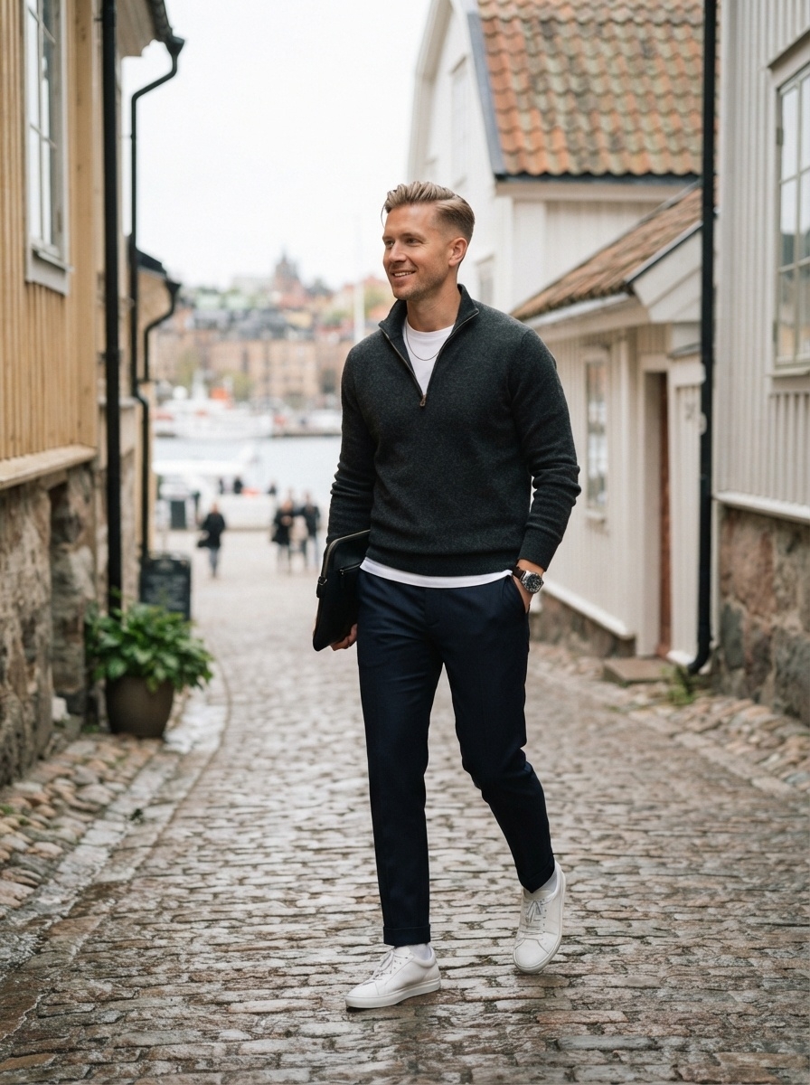 SKIPIKS AI 패션 화보 — minimalist, smartcasual — 클래식한 미니멀리스트 룩이 담긴 스웨터와 슬림한 슬랙스의 조화가 세련된 무드를 연출해보세요. 여기에 심플한 화이트 스니커즈와 실버 악세서리로 포