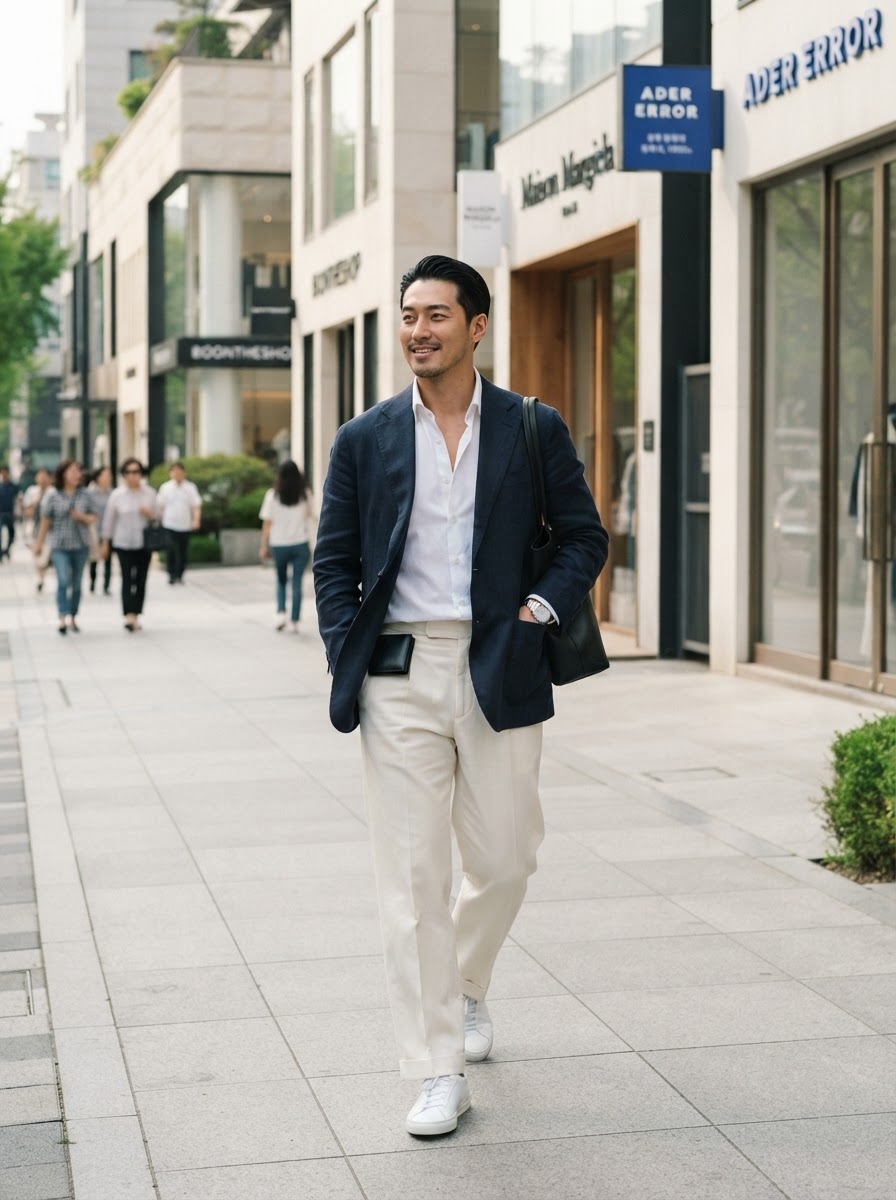 SKIPIKS AI 패션 화보 — minimalist, smartcasual — 깔끔한 네이비 블레이저와 화이트 셔츠, 크림 바지의 조화가 세련된 분위기를 연출합니다. 스마트 캐주얼 스타일로 연출하여 일상 데이트나 오피스룩으