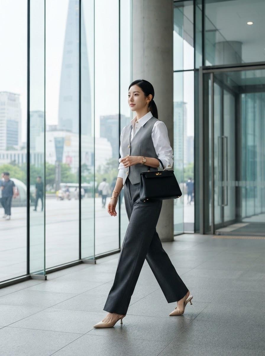 SKIPIKS AI 패션 화보 — professional, minimalist, sophisticated — 이 세련된 오피스룩은 깔끔한 실루엣과 차분한 회색 톤이 매력적입니다. 흰색 와이셔츠와 회색 베스트는 업무 환경에서 완벽하며, 고급스러운 악세서리