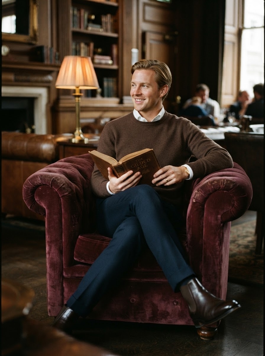 SKIPIKS AI fashion editorial — preppy, classic — This classic look highlights the harmony of brown and navy. The combination of a