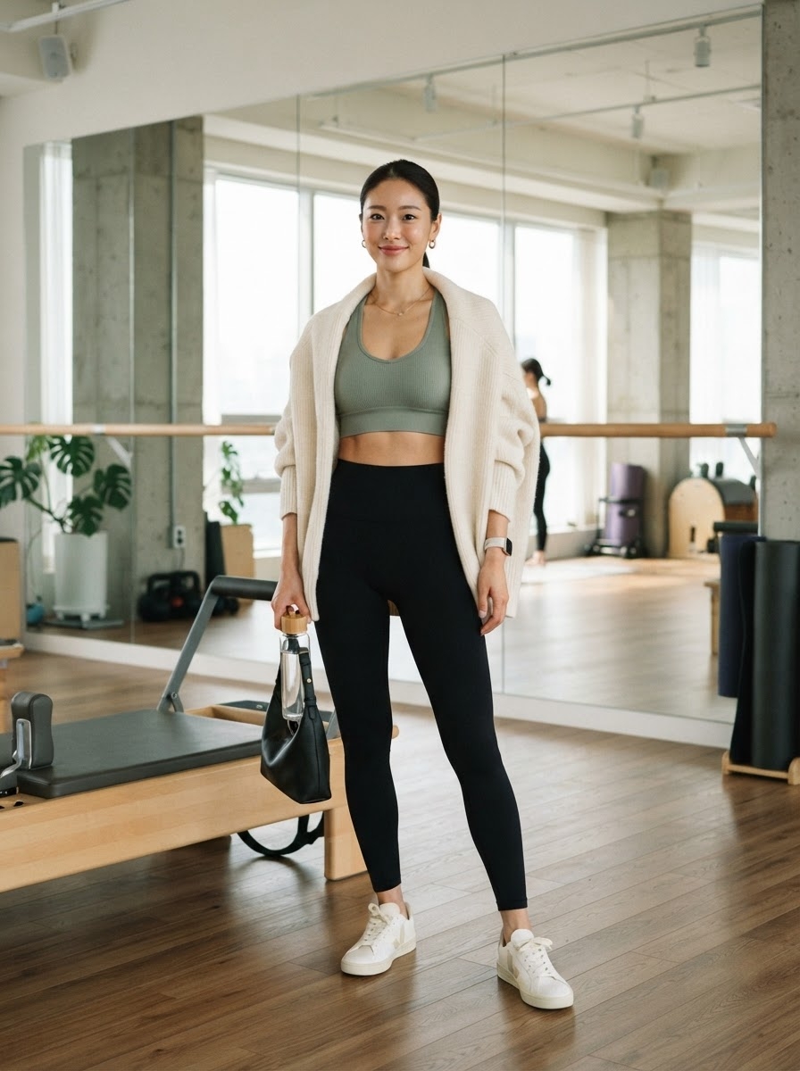 SKIPIKS AI 패션 화보 — athleisure, minimalist — 가을철의 편안하면서도 스타일리시한 애슬레저 룩이 완성됐어요. 카키색 스포츠 브라와 크림색 가디건의 조화가 세련된 느낌을 주며, 블랙 레깅스로 슬