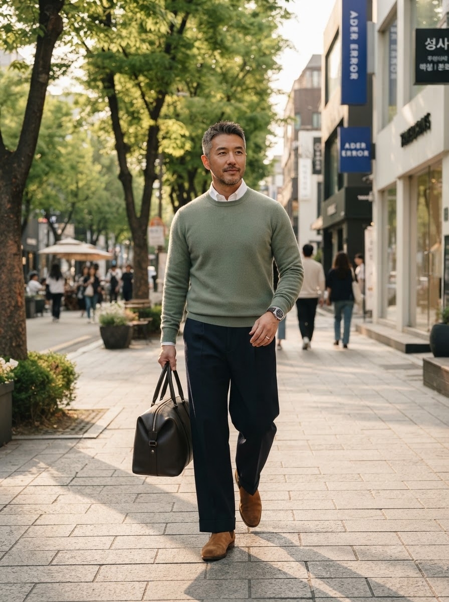 SKIPIKS AI 패션 화보 — smart_casual, urban — 연두색 스웨터와 네이비 팬츠의 조화가 세련된 감각을 자아내며 가을의 분위기를 담고 있습니다. 브라운 부츠와 실버 시계로 포인트를 줘 클래식한 매