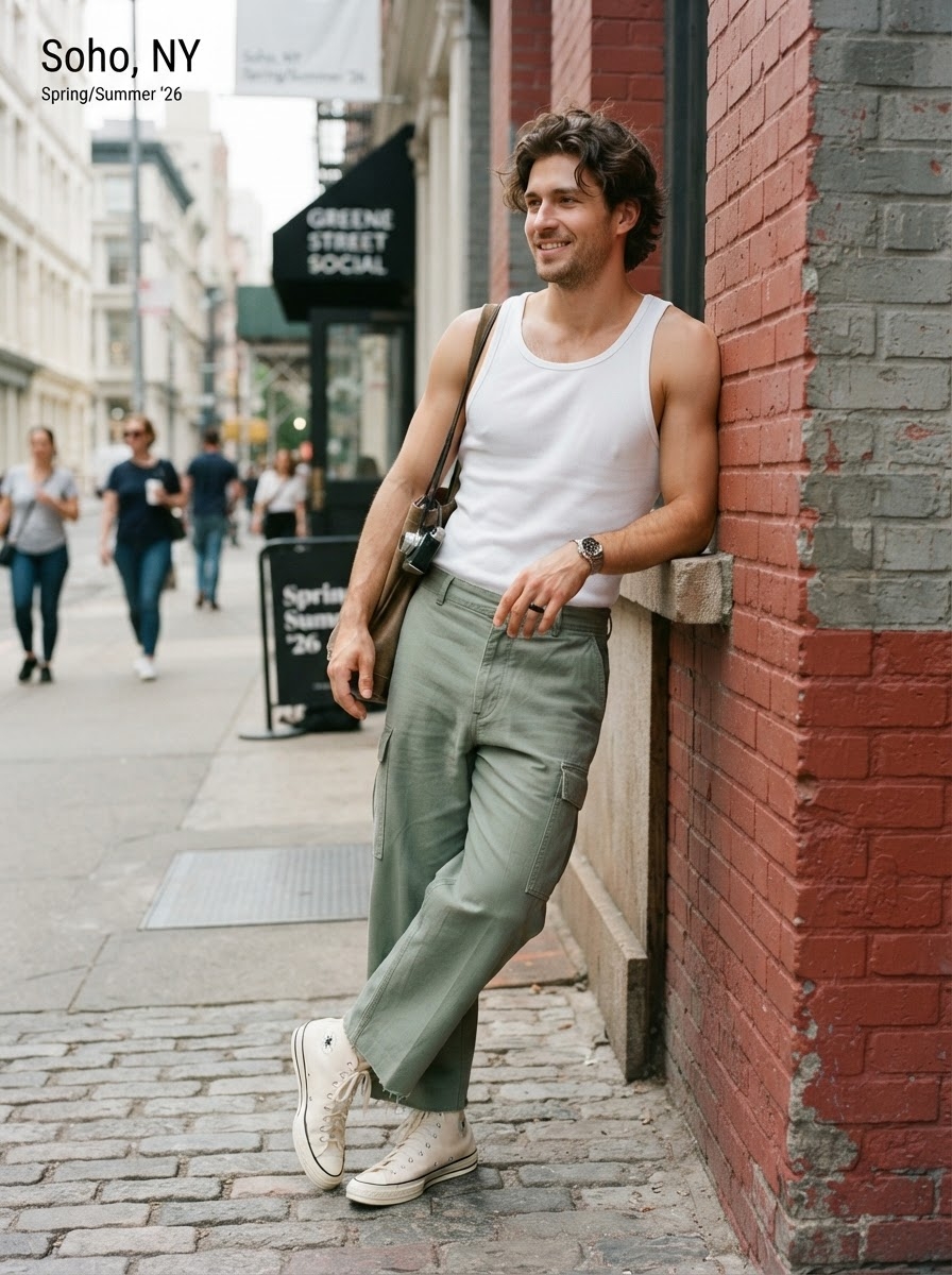 SKIPIKS AIファッション写真 — casual, urban — ホワイトのノースリーブシャツとカーキのカーゴパンツで涼しげでスタイリッシュな夏のルックを完成させました。これらの基本アイテムにクロスボディバッグとハイカットスニ