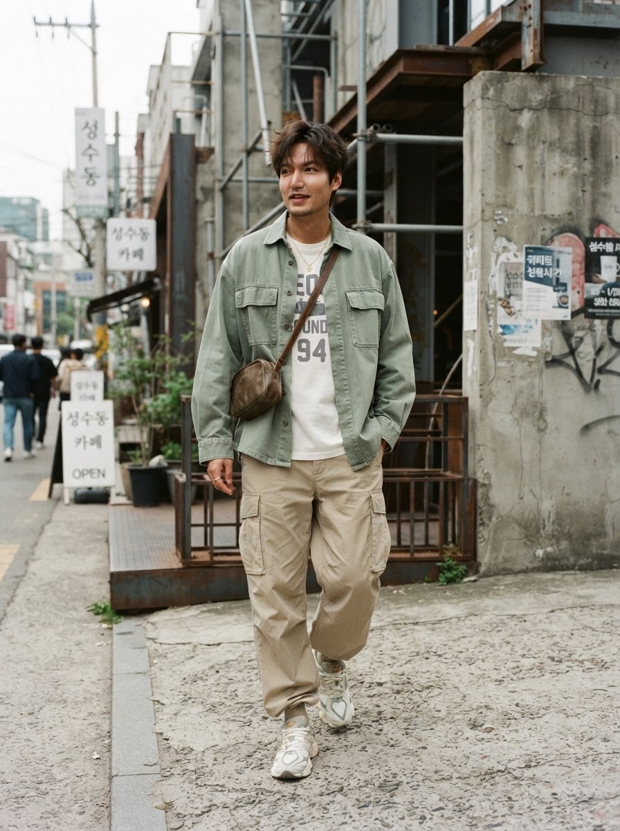 SKIPIKS AI 패션 화보 — streetwear, casual — 카키 오버셔츠와 베이지 카고 팬츠가 자연스러운 스트리트 무드를 만들어줍니다. 티셔츠와 스니커즈로 캐주얼한 매력을 강조해보세요. 데일리 룩으로 추