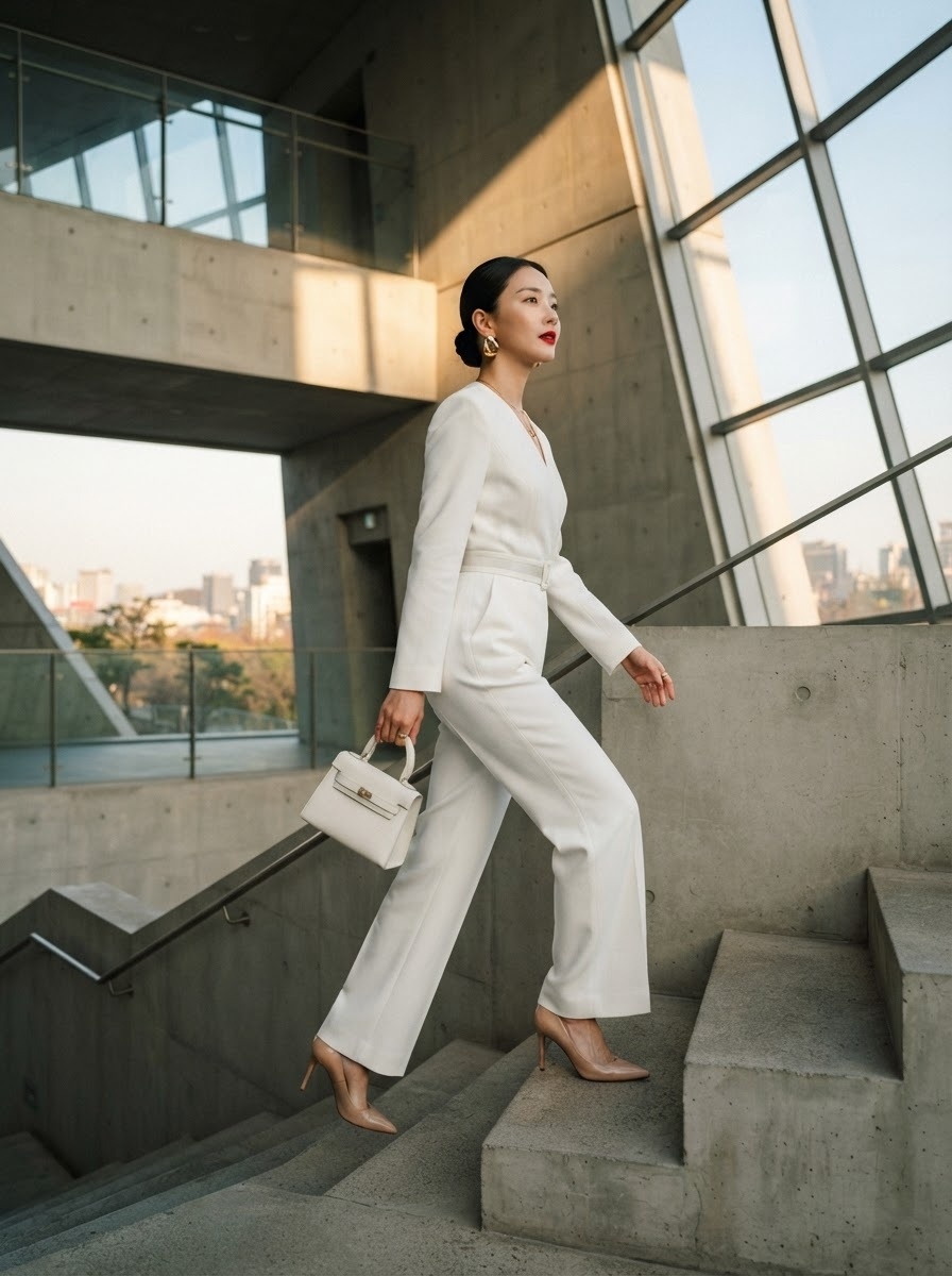 SKIPIKS AI 패션 화보 — elegant, chic — 세련된 올 화이트 룩으로 깔끔하고 모던한 분위기를 연출해보세요. 같은 톤의 핸드백과 힐로 정제된 느낌을 더하여 완벽한 오피스 룩이 완성됩니다. 