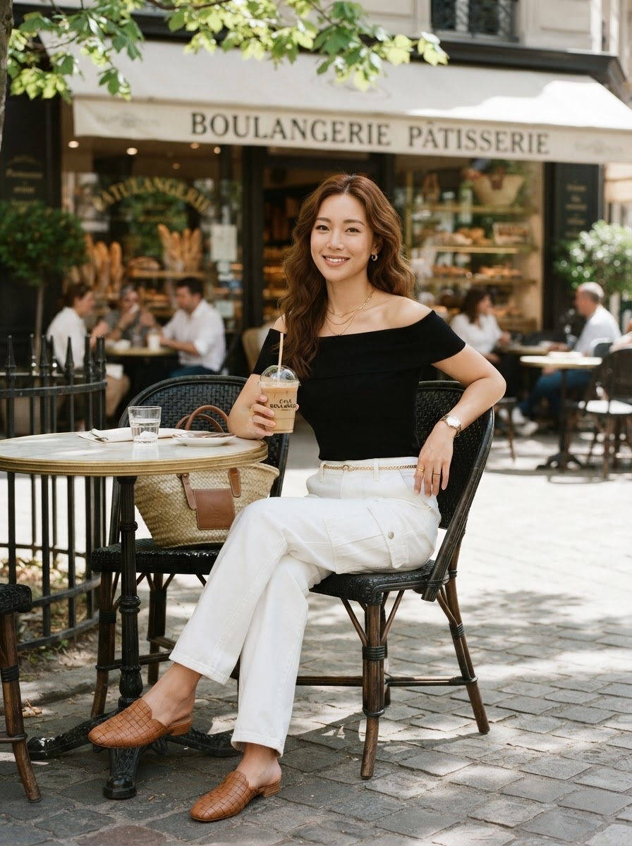 SKIPIKS AI 패션 화보 — feminine, chic — 오프숄더 블라우스와 흰색 팬츠의 조합이 세련된 여름 카페룩을 완성해요. 기본 아이템이지만, 로퍼로 클래식한 매력을 더해보세요. 여름철 가벼운 외
