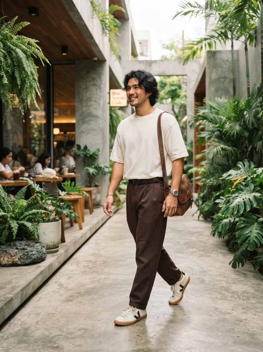 SKIPIKS AI 패션 화보 — casual, minimalist — 화이트 티셔츠와 브라운 팬츠의 조화가 감각적인 미니멀리스트 룩을 완성합니다. 크로스백과 스니커즈로 캐주얼한 느낌을 더해보세요. 일상 데이트나 가