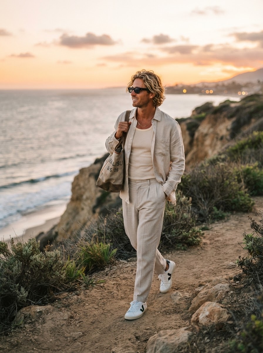 SKIPIKS AI 패션 화보 — casual, resort, beachwear — 자연과 어우러지는 베이지톤의 리조트 룩으로 무드 있는 스타일링이 완성됩니다. 베이지 셔츠와 팬츠를 매치해 편안하면서도 세련된 무드를 연출해보세요