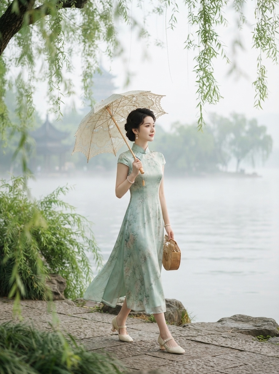 SKIPIKS AI fashion editorial — classic, feminine, vintage — A light green cheongsam exudes elegance and emphasizes a feminine mood. Pair it 