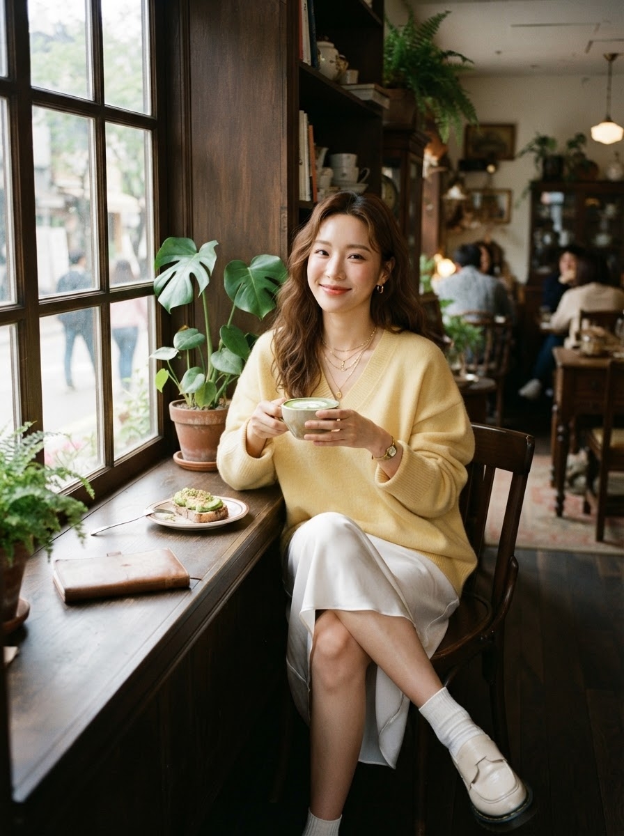 SKIPIKS AIファッション写真 — feminine, minimalist — この柔らかなイエローのニットは、春の爽やかな雰囲気を演出します。シルク素材の白いスカートと合わせて、女性らしさを引き立てましょう。カフェでのデートや友人との集ま