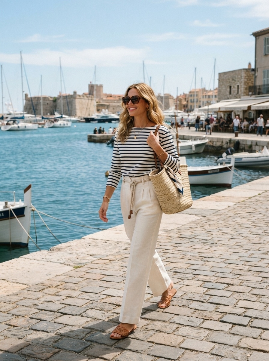 SKIPIKS AI fashion editorial — casual, nautical, coastal — A cool striped t-shirt paired with cream-colored pants creates a stylish marine 