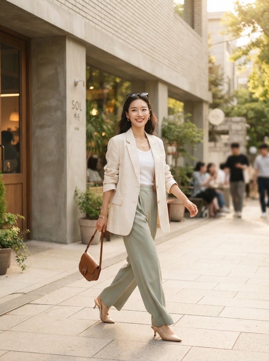 SKIPIKS AI 패션 화보 — minimalist, chic — 베이지 블레이저와 민트 팬츠의 조합이 세련된 무드를 연출해요. 흰색 탱크탑으로 깔끔함을 더하며, 브라운 가방이 따뜻한 포인트가 됩니다. 오피스나