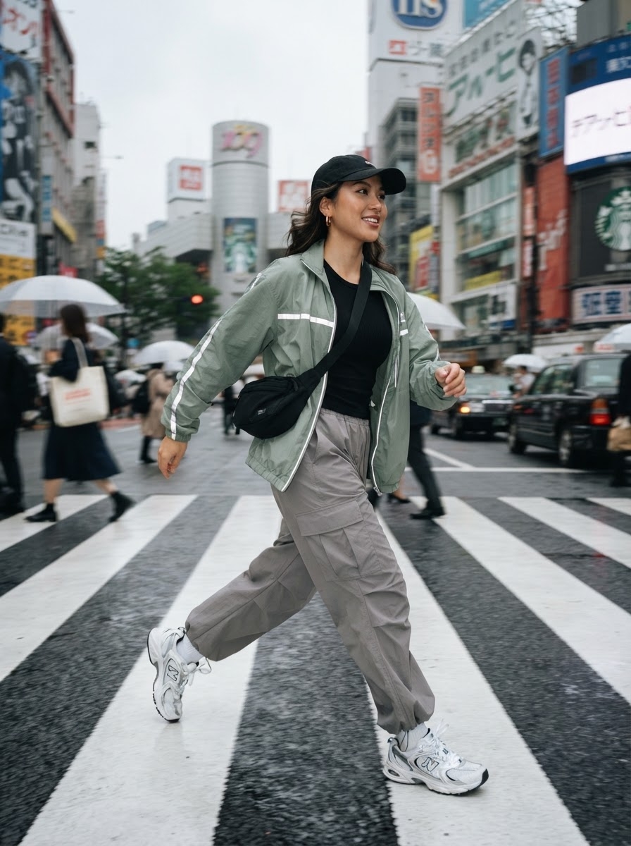 SKIPIKS AI fashion editorial — streetwear, sporty — This is a lively look that exudes a street mood. The bright light green jumper a