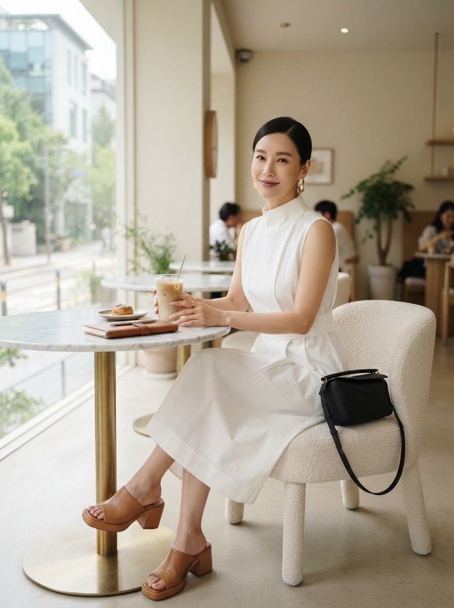 SKIPIKS AI fashion editorial — minimalist, feminine — A clean white sleeveless dress is particularly suited for summer, creating a chi