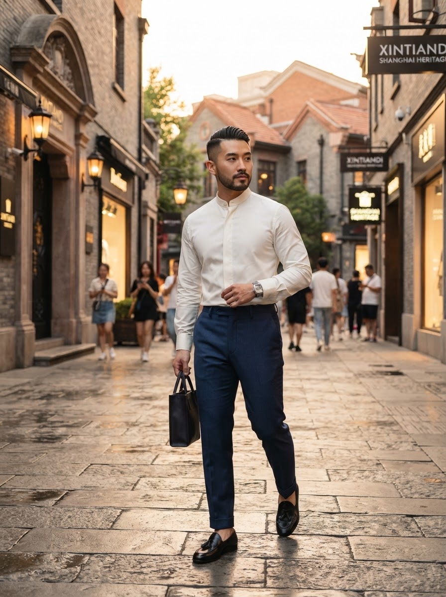 SKIPIKS AI时尚大片 — minimalist, smartcasual — 干净的白衬衫和海军蓝裤子散发出都市的精致感。搭配长袖衬衫和乐福鞋，营造经典又现代的氛围。推荐作为春季日常穿搭，适合轻松的城市散步或约会。