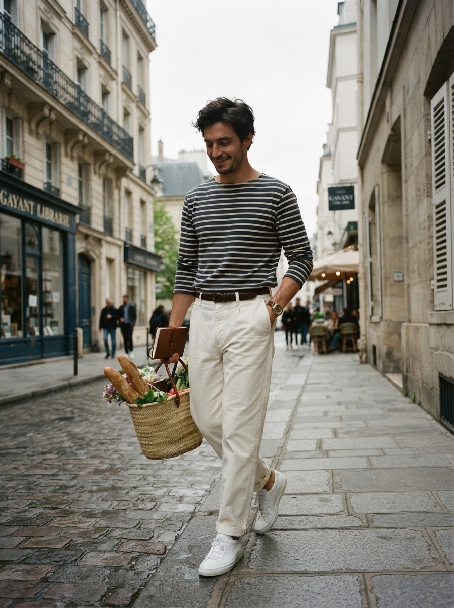 SKIPIKS AIファッション写真 — casual, french_chic — パリジャンの洗練されたムードを感じるストライプTシャツとクリーム色のチノパンツが見事に調和します。ラタンバスケットを活用して実用性とスタイルを両立させましょう。