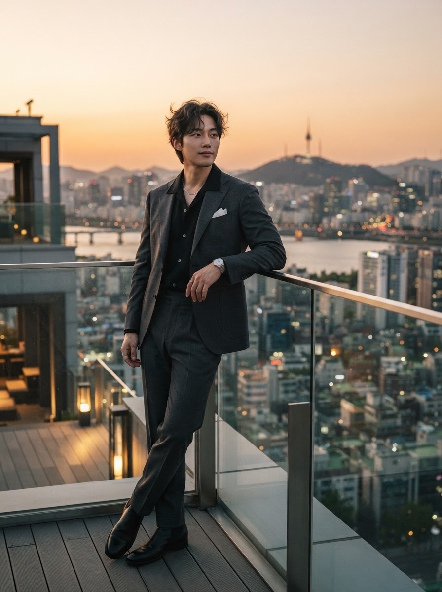 SKIPIKS AI 패션 화보 — modern, minimalist — 모던하고 세련된 무드의 다크 그레이 수트 룩이 도시적인 분위기를 완성해요. 블랙 셔츠와 매치하여 시크한 감성을 더했으며, 실버 액세서리와 매칭하