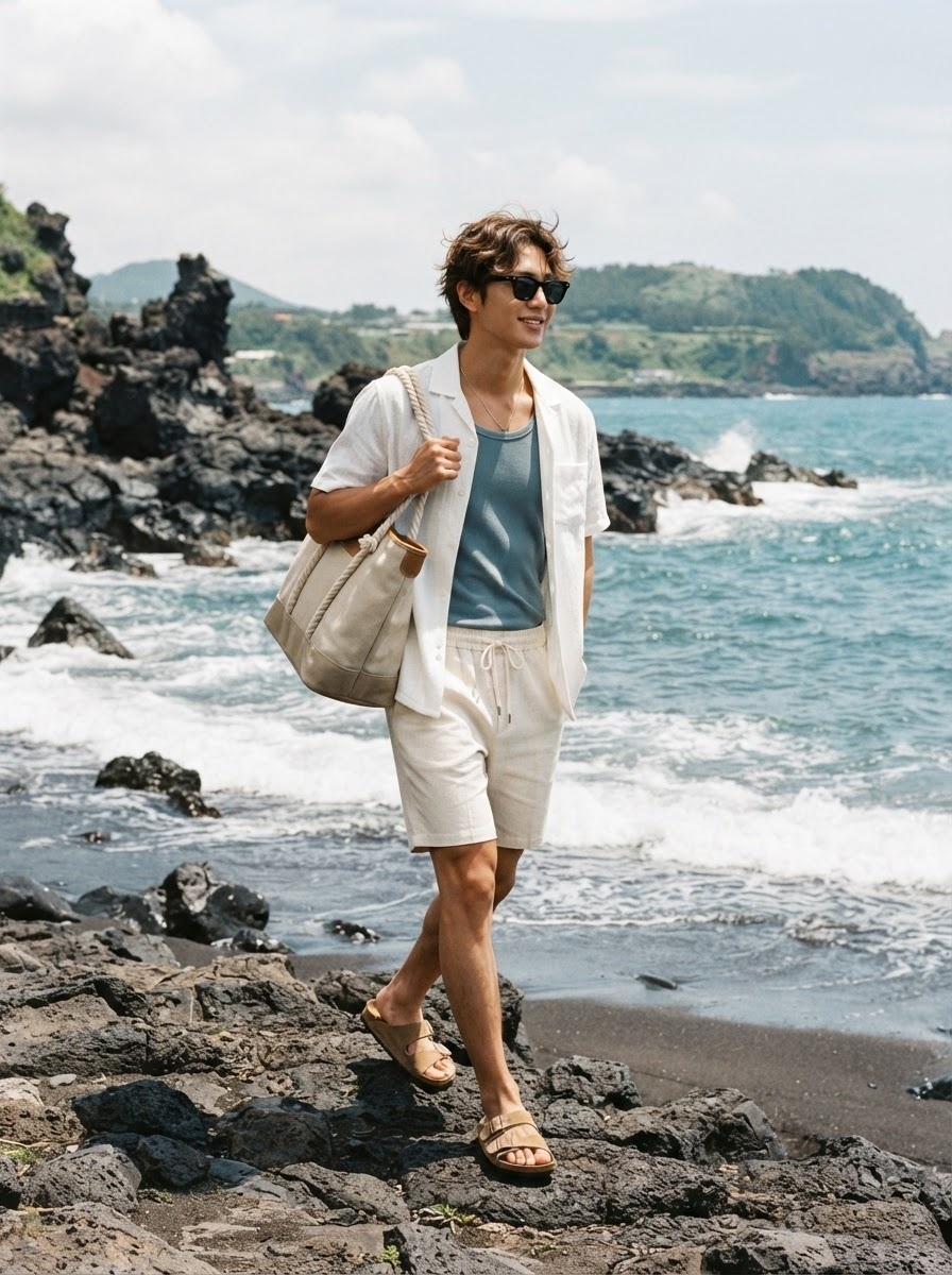 SKIPIKS AI fashion editorial — casual, beachwear — This summer beach look features colors reminiscent of nature. Enjoy a refreshing