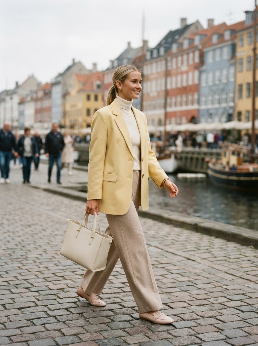 SKIPIKS AI fashion editorial — modern, chic, sophisticated — Complete a chic autumn look with a warm-toned yellow blazer and beige pants. Hig