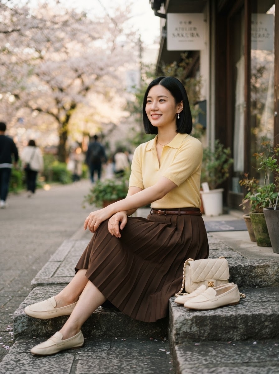 SKIPIKS AIファッション写真 — feminine, classic — 柔らかな黄色のニットとブラウンのプリーツスカートが作り出す高級感あふれるカラーコンビネーションが際立つスタイルです。クリーム色のローファーとキルティングバッグで