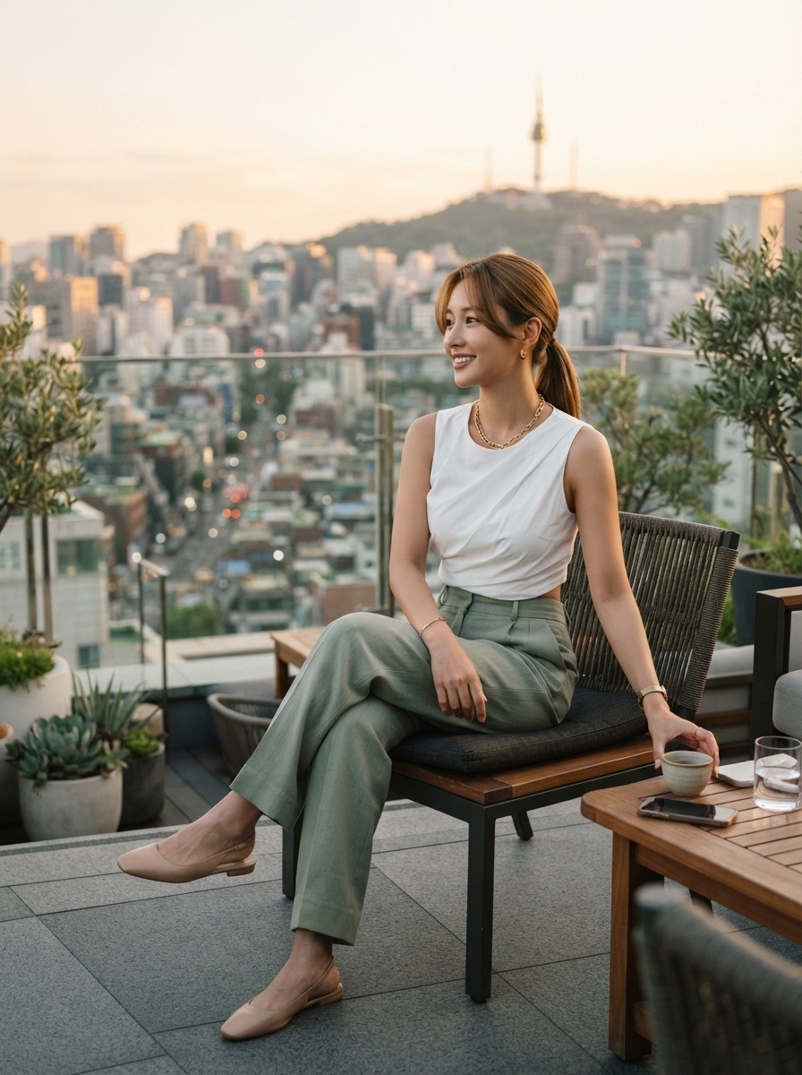 SKIPIKS AIファッション写真 — modern, elegant — 白いノースリーブトップと淡い緑のスラックスが涼しげで洗練された雰囲気を醸し出します。ゴールドのアクセサリーとベージュのフラットシューズを加えて、さらに高級感を演