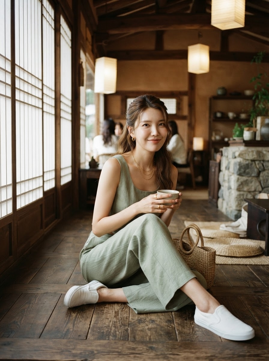 SKIPIKS AI 패션 화보 — casual, natural, minimalist — 자연스러운 녹색의 민소매 원피스가 청량한 여름의 무드를 물씬 풍겨요. 라탄 가방과 흰색 운동화를 매치해 소박하면서도 세련된 데일리 스타일을 완성