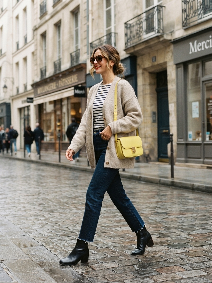 SKIPIKS AI时尚大片 — feminine, casual, chic — 温暖的米色针织开衫与海军条纹T恤搭配，营造出优雅的秋季氛围。搭配牛仔裤和黑色踝靴，打造简约而干练的线条。再加上清新的黄色斜挎包，便能完成毫不逊色的日常造型。