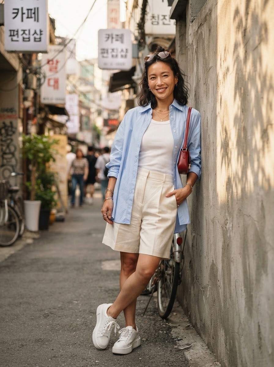 SKIPIKS AIファッション写真 — casual, minimalist — 明るい色のシャツとショートパンツで涼しげで洗練された夏のルックを演出しましょう。合わせた白いスニーカーと赤いバッグが軽快なポイントを加えます。カジュアルな集まり