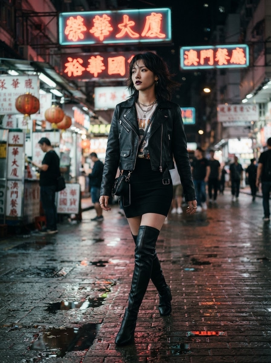 SKIPIKS AI 패션 화보 — streetwear, edgy, punk — 도시의 밤과 어울리는 록 시크 스타일로 감각적인 무드를 연출해보세요. 가죽 재킷과 롱 부츠의 조화로 강렬함을 더하며, 프린트 티셔츠로 캐주얼한 