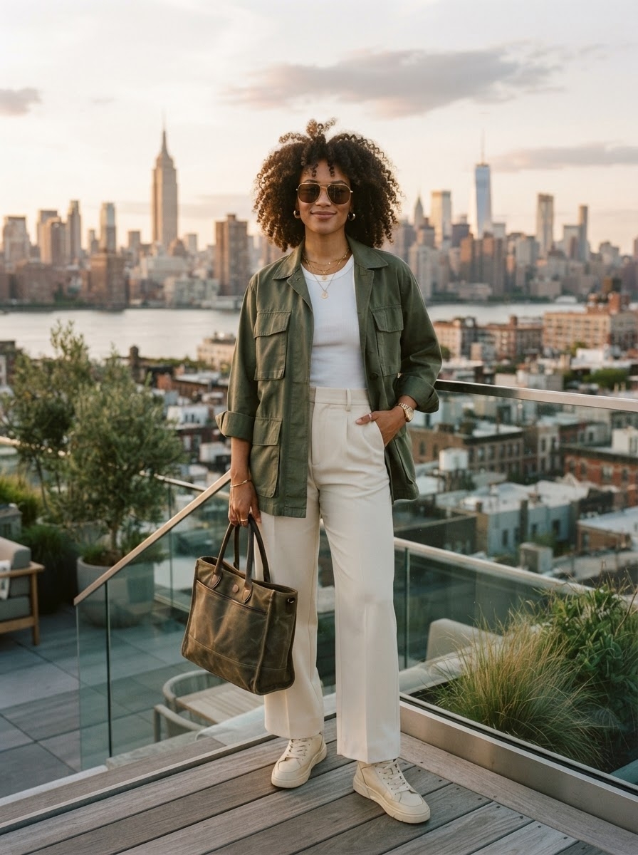 SKIPIKS AI 패션 화보 — urban, chic, casual — 카키색 재킷과 크림색 바지의 조합이 세련된 도시 감성을 느끼게 해주네요. 간결한 실루엣에 베이지 스니커즈와 카키색 토트백을 매치해 편안하면서도 