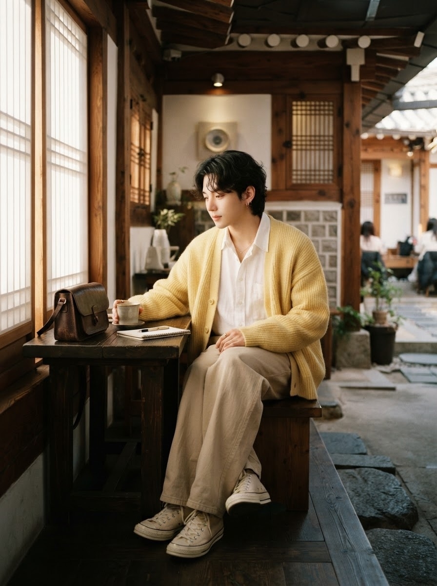 SKIPIKS AI fashion editorial — minimalist, vintage — This vibrant yellow knit cardigan paired with calm beige pants creates a stunnin