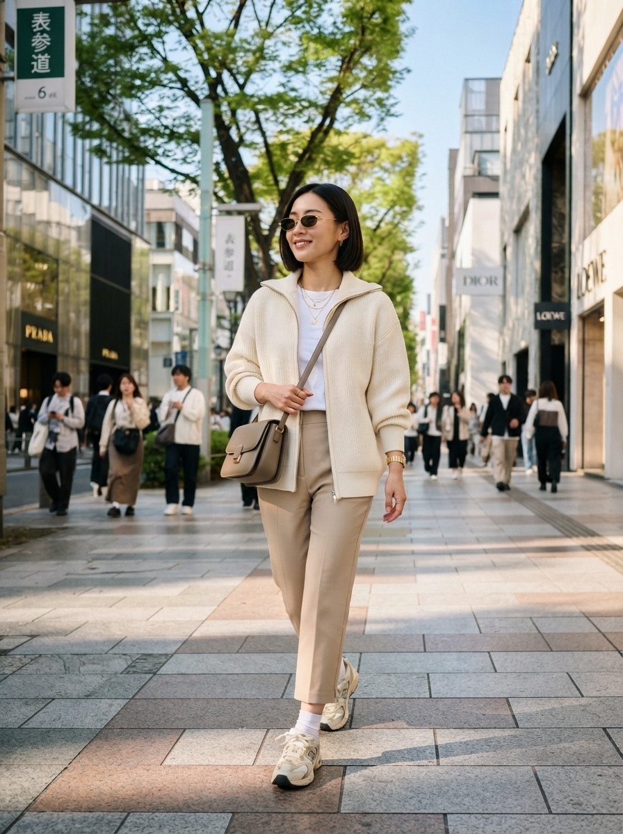 SKIPIKS AI fashion editorial — minimalist, casual — This is a refined minimalism look completed with a cream knit cardigan and beige